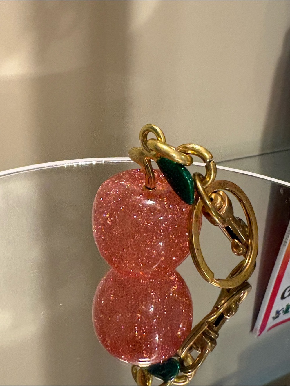 Glittery Pink Apple Keychain with Gold Hardware